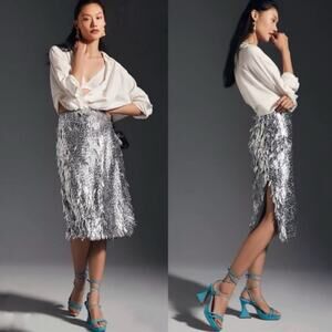 Anthropologie Sequin Fringe Midi Skirt Women 2 Silver Party Going Out Sparkle